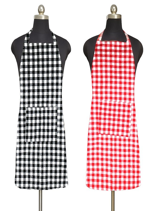 Linensutra Unisex Kitchen Checkered Cotton Apron with Gingham Pattern Front Pocket and Adjustable Waist Ties, Red and Black Pack of 2 - Image 1